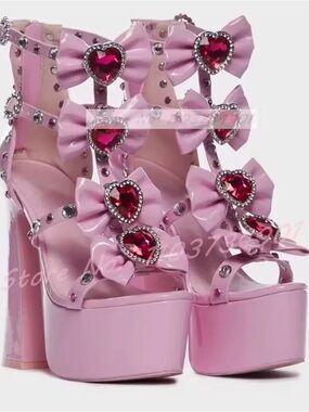 Pink Bow and Heart Rhinestone Platform Sandals - Women